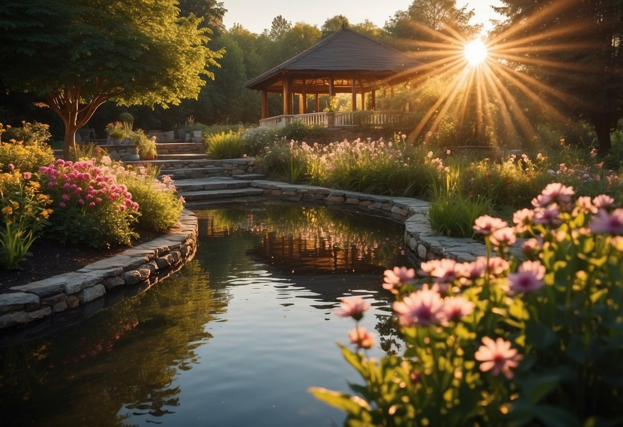 A serene outdoor setting with a peaceful pond, surrounded by lush greenery and colorful flowers. The sun is setting, casting a warm, calming glow over the scene