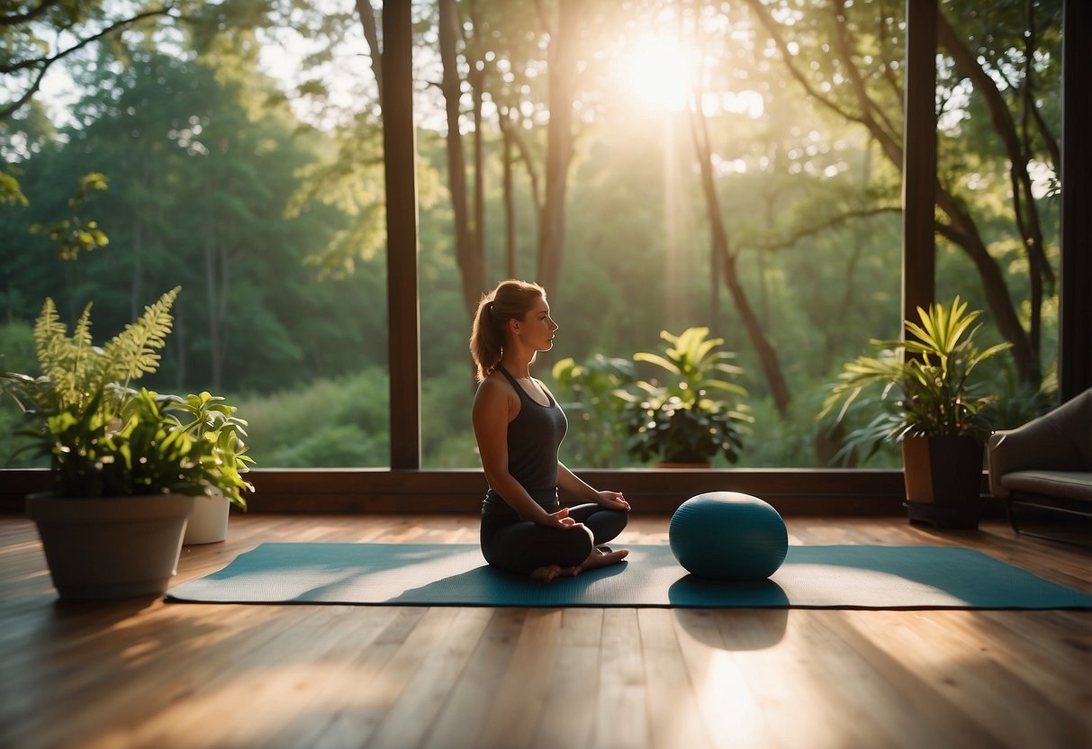 A serene setting with a calm environment, featuring a peaceful yoga mat surrounded by nature, soft lighting, and soothing music playing in the background
